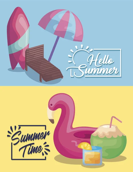 Affiche de vacances d'été avec planche de surf et flotteur flamand — Image vectorielle