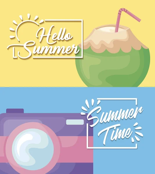 夏季假期海报与椰子鸡尾酒和相机 — 图库矢量图片