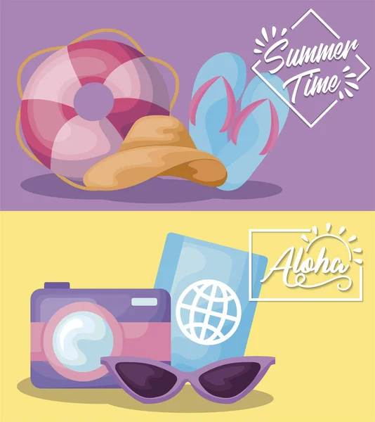Cartel de vacaciones de verano con sandalias y pasaporte — Vector de stock