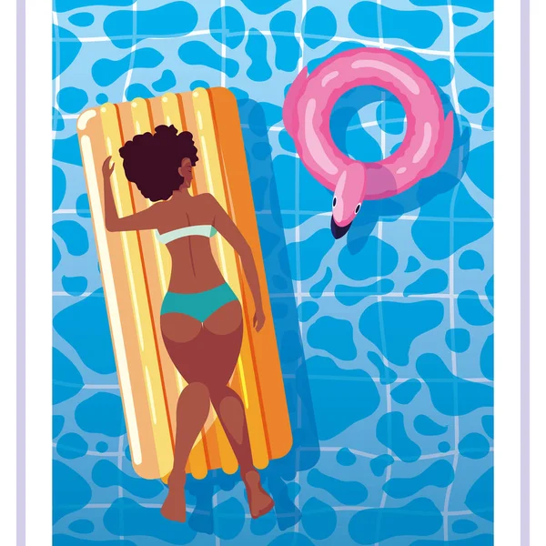 Femme afro bronzage en flotteur sur la piscine — Image vectorielle