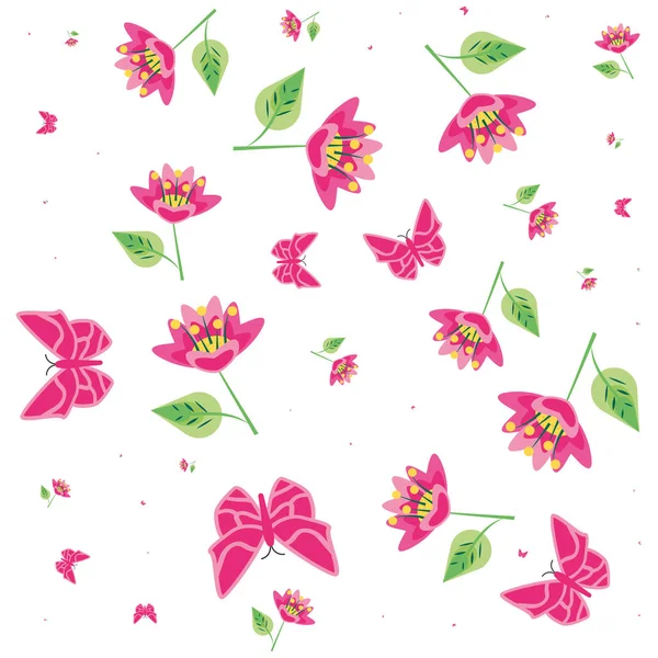 Wzór pięknych motyli z kwiatami i listwami — Wektor stockowy