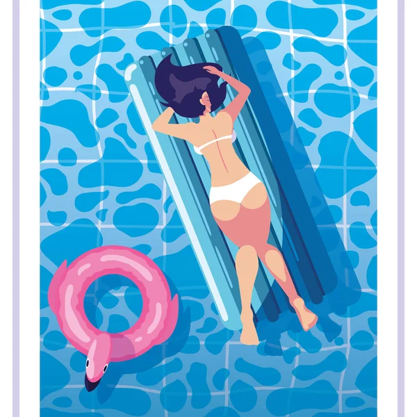 Mulher bronzeando-se em flutuar na piscina — Vetor de Stock