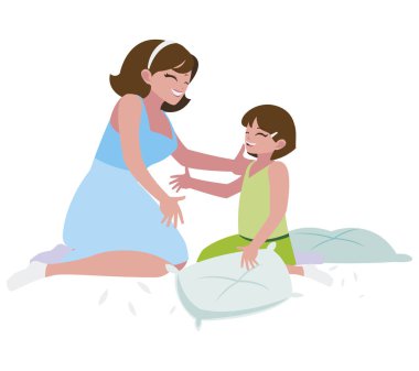 anne ve kızı yastık ile oynarken