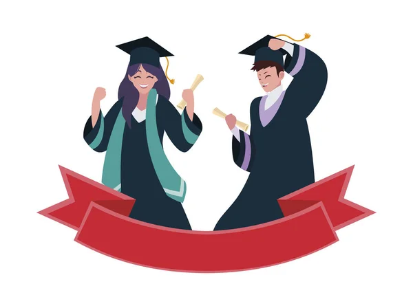 Young couple students graduated celebrating with ribbon — Stock Vector