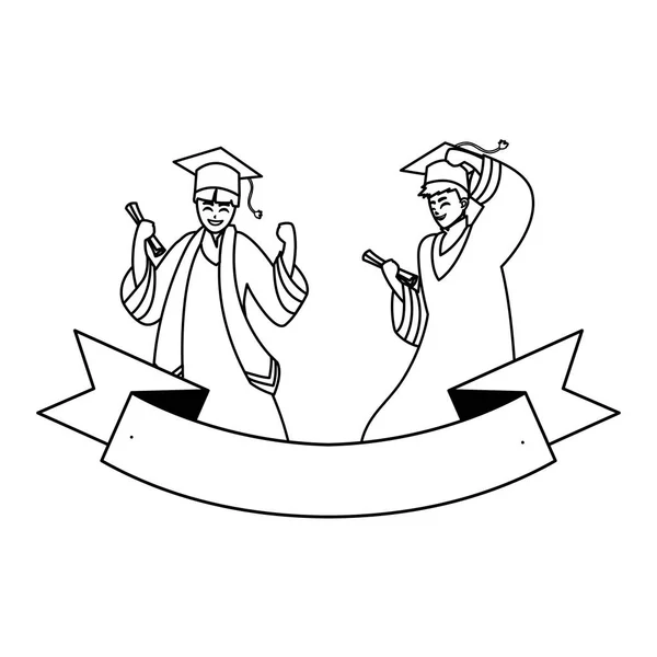 Heureux étudiants garçons diplômés célébrant avec ruban — Image vectorielle