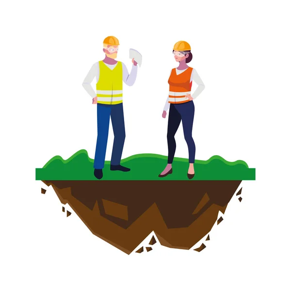 Couple de constructeurs constructeurs travailleurs sur la pelouse — Image vectorielle