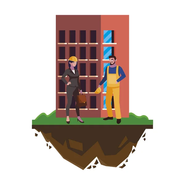 Мужчина строитель с женщиной инженер и здание — стоковый вектор