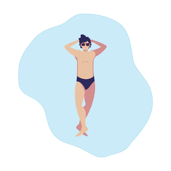 Joven con traje de baño flotando en el agua — Vector de stock