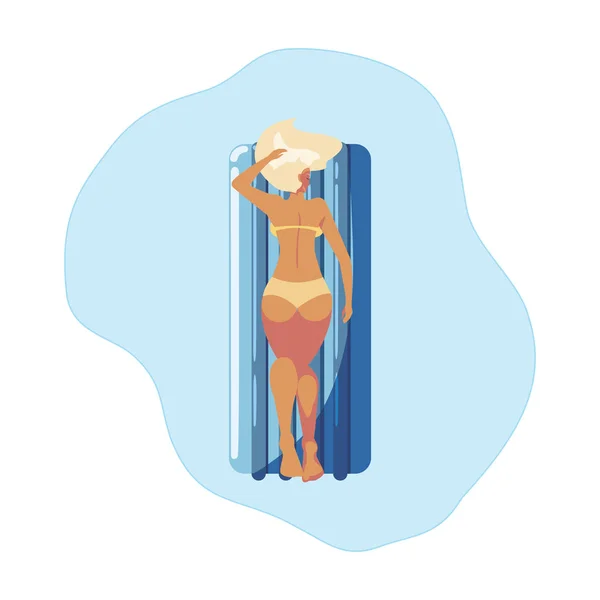 Mujer bronceándose en colchón flotante flotando en el agua — Archivo Imágenes Vectoriales