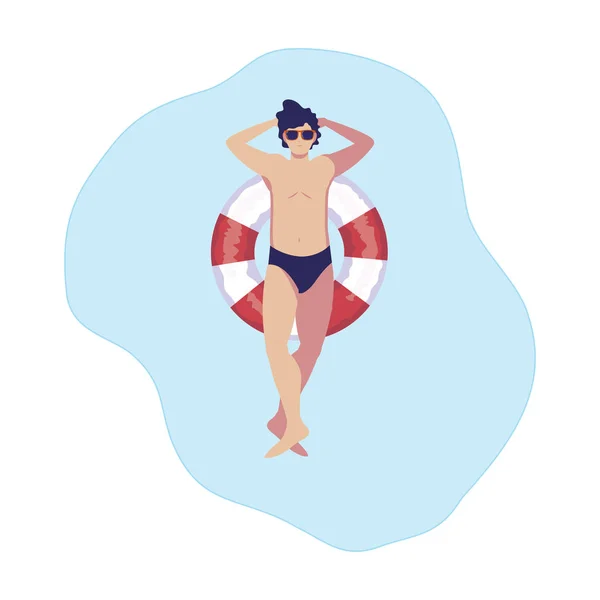 Joven con traje de baño y salvavidas flotante en el agua — Vector de stock