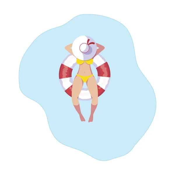 Kvinna med baddräkt och livräddare flyta flytande i vatten — Stock vektor