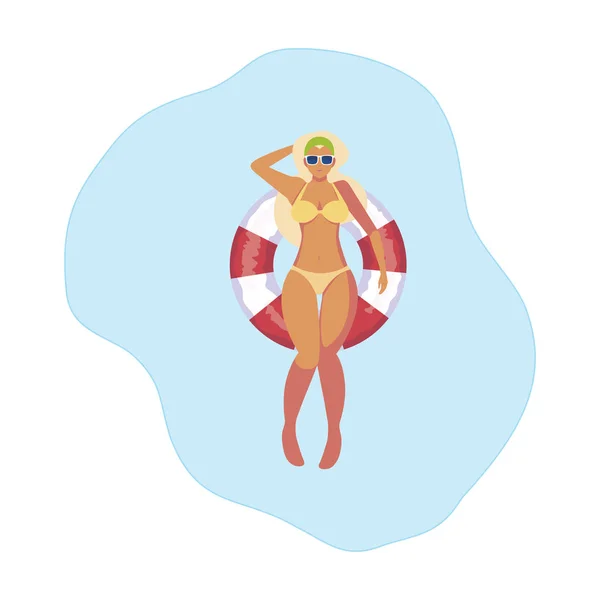 수영복과 인명 구조부 수레가 물에 떠있는 여성 — 스톡 벡터