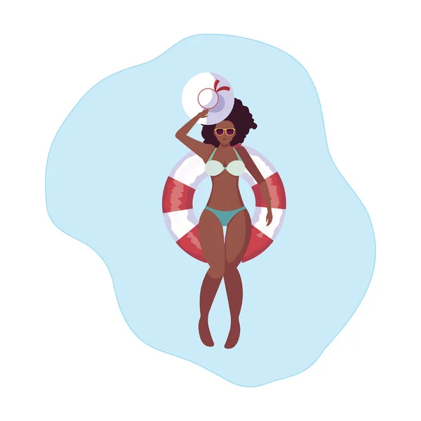 Afro woman with swimsuit and lifeguard float in water — Stock Vector