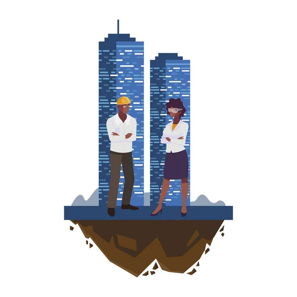 Афро-мужчина строитель с женщиной инженер со строительством — стоковый вектор