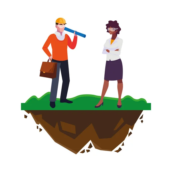 Afro female engineer worker with architect on the lawn — Stock Vector