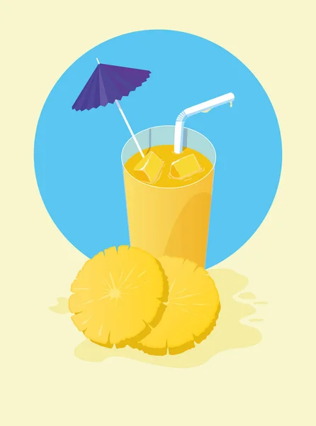 Pineapple juice with umbrella and straw design — Stock Vector