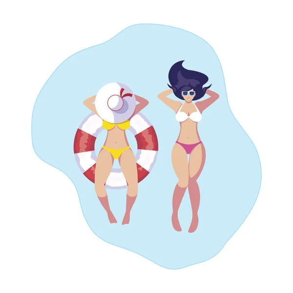 Niñas con traje de baño y salvavidas flotan en el agua — Vector de stock