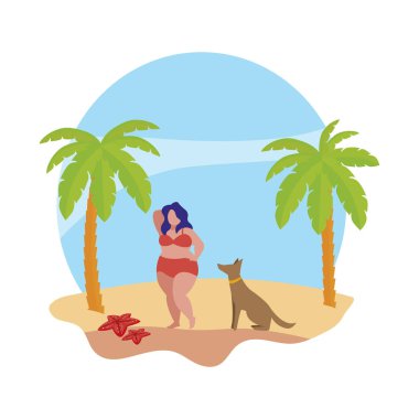 plaj yaz sahnesinde köpek ile genç kadın