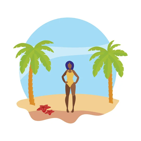 Joven afro mujer en la playa verano escena — Vector de stock