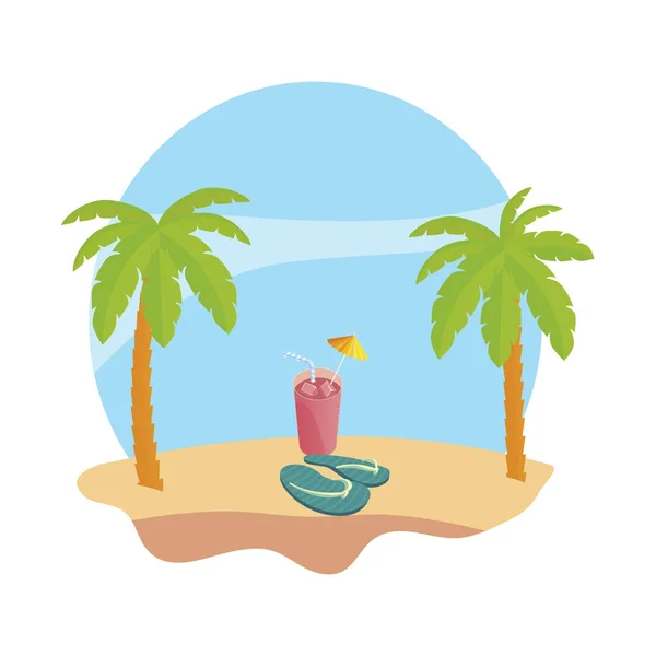 summer beach with palms and juice fruit cocktail scene