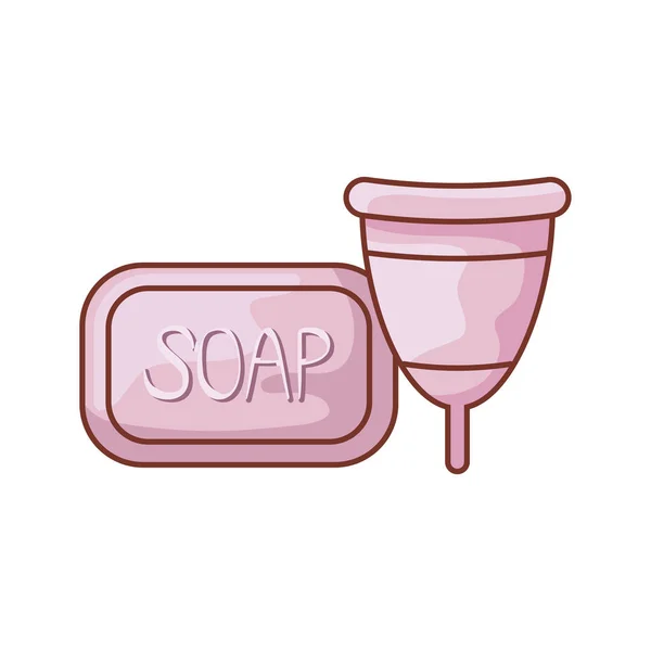 Menstruationstasse mit Bar-Seife isoliert Symbol — Stockvektor