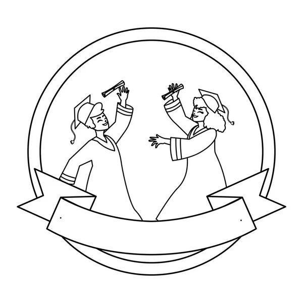 Young couple students graduated celebrating in circular frame — 图库矢量图片