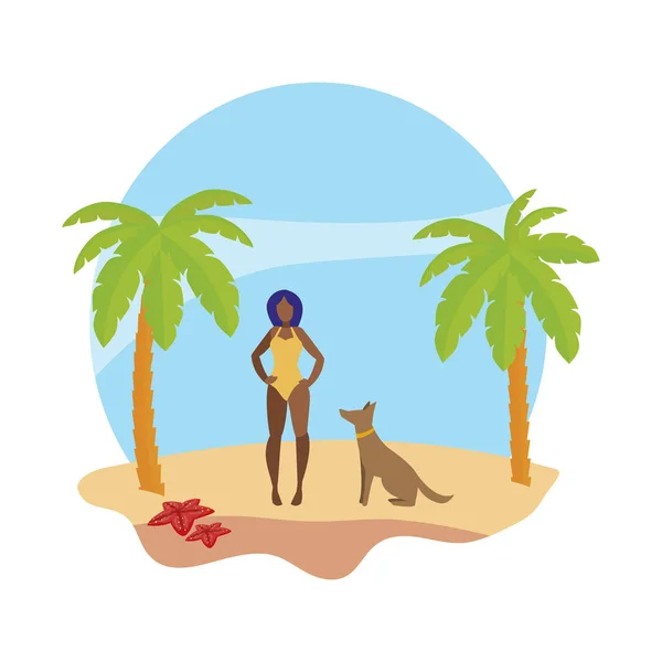 Mujer joven con perro en la playa escena de verano — Vector de stock