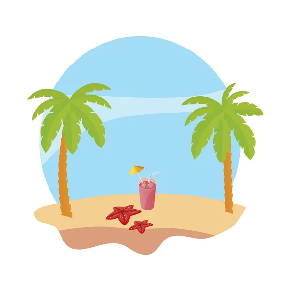 야자수와 주스 과일 칵테일 장면여름 해변 — 스톡 벡터