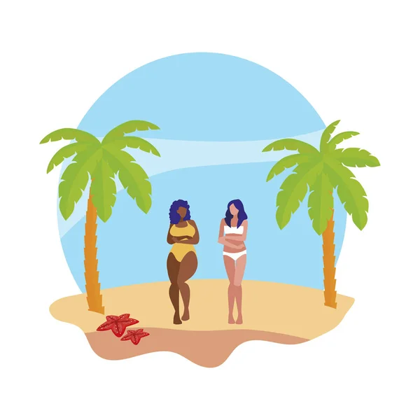 Jóvenes interracial niñas pareja en la playa verano escena — Vector de stock