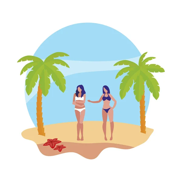 Νεαρά κορίτσια ζευγάρι στην παραλία καλοκαιρινή σκηνή — Διανυσματικό Αρχείο