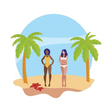 plaj yaz sahnesinde Genç Irklararası kız çift