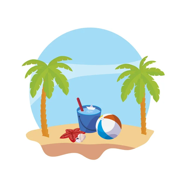 Plage d'été avec palmiers et seau d'eau scène — Image vectorielle