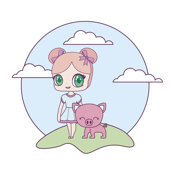 Manzara domuz hayvan ile sevimli küçük bebek — Stok Vektör