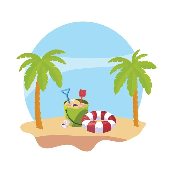 Summer beach with palms and sand bucket toy scene — Stock Vector