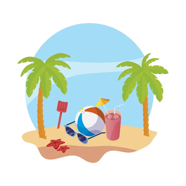 夏季海滩与棕榈和气球玩具场景 — 图库矢量图片