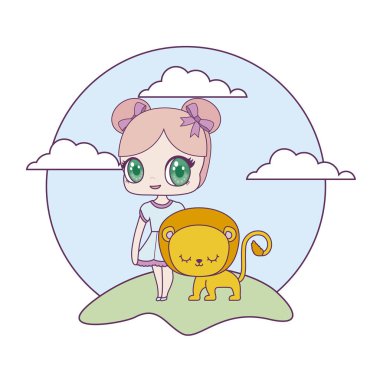 manzara aslan hayvan ile sevimli küçük bebek