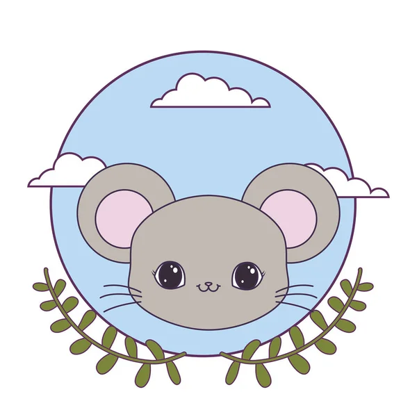 Cabeza de animal lindo ratón con hojas de corona — Vector de stock