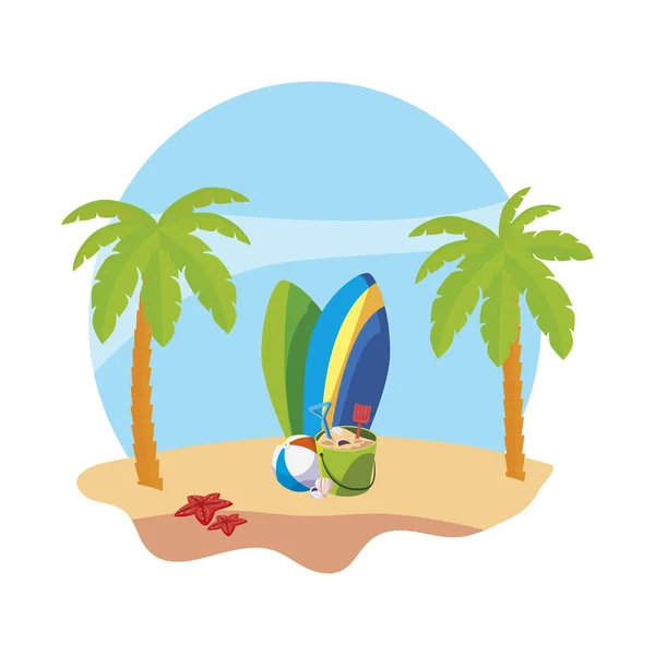Lato Plaża z palmami i deski surfingowe scena — Wektor stockowy