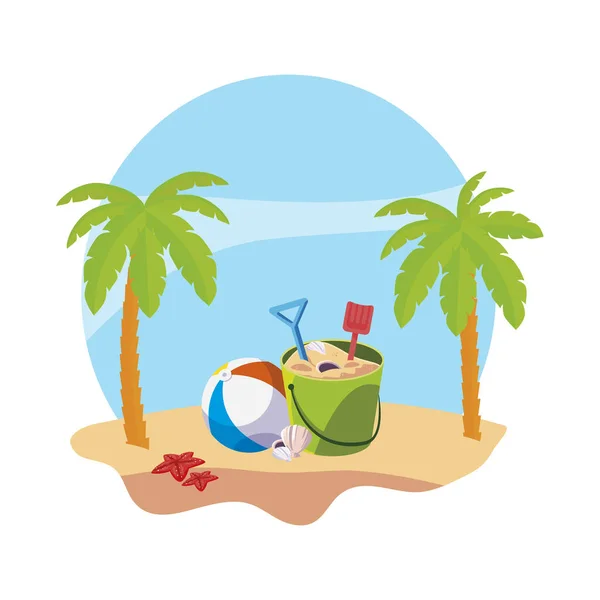 Sommar strand med palmer och sand hink scen — Stock vektor