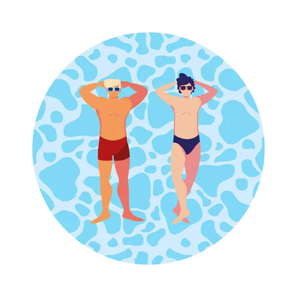 Young men with swimsuit floating in water — Stock Vector