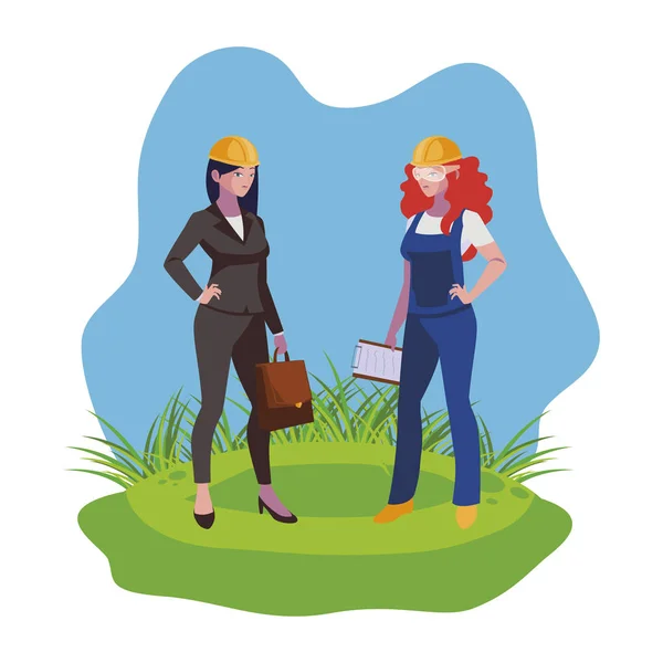 Femme constructeur et ingénieur femme sur la pelouse — Image vectorielle