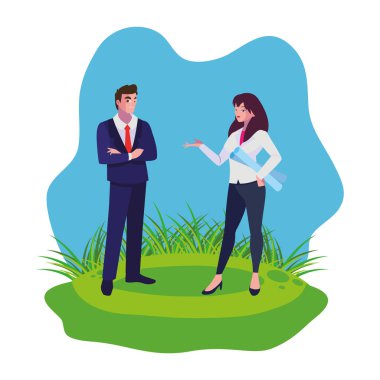 çim üzerinde mühendis inşaatçılar işçi çift