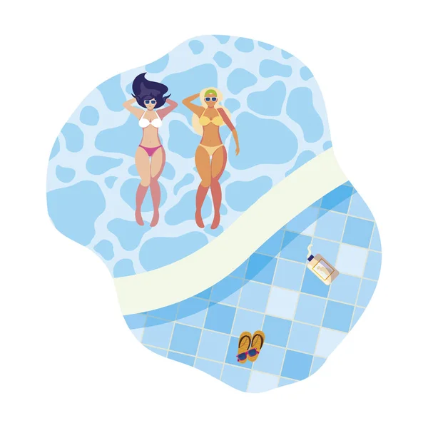 Beau couple de filles avec maillots de bain flottant dans la piscine — Image vectorielle