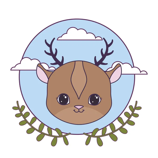 Cabeça de rena em armação circular com coroa de folhas — Vetor de Stock