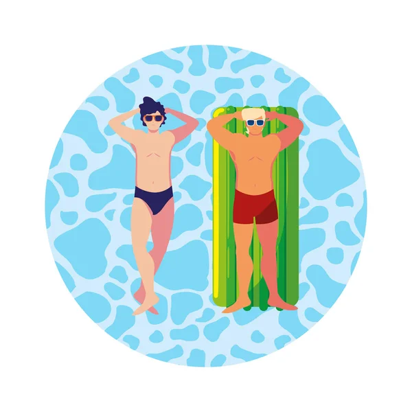 Młodzi mężczyźni w strojach kąpielowych i materacach pływackich w wodzie — Wektor stockowy