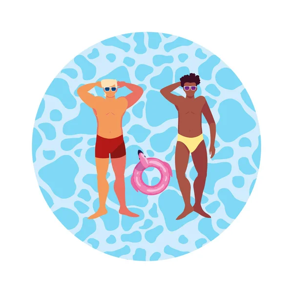 Interracial men with swimsuit floating in water — Stock Vector