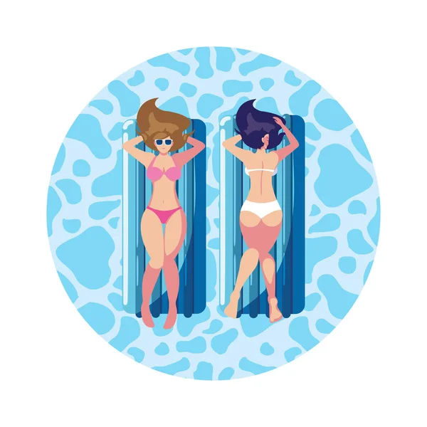 Hermosas chicas con colchón flotante flotando en el agua — Vector de stock