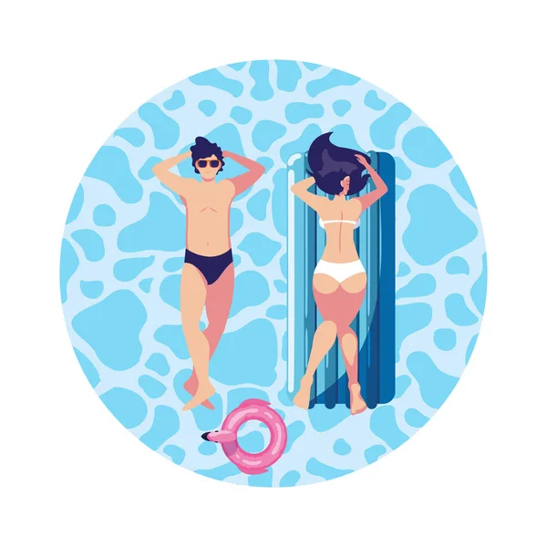 Pareja joven con colchón de flotador en agua — Vector de stock