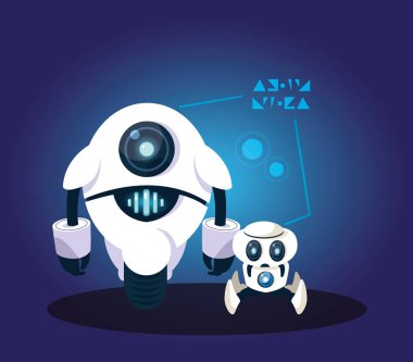 Mavi arka plan üzerinde teknoloji robot karikatür