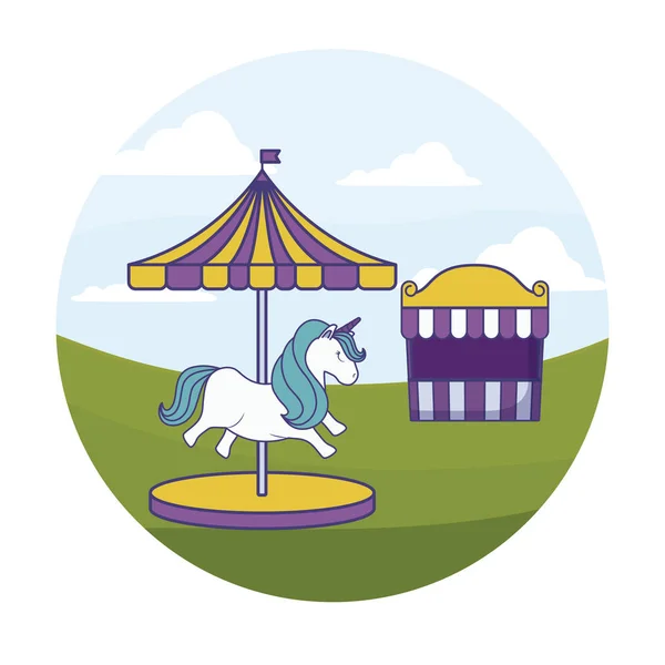 Karusell med Enhörning och tält Cirkus i Frame cirkulär — Stock vektor